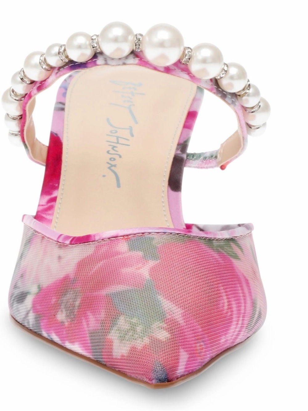 Betsey Johnson Pink Pearl-Embellished Floral Mesh Kitten Heel - Picture 3 of 7